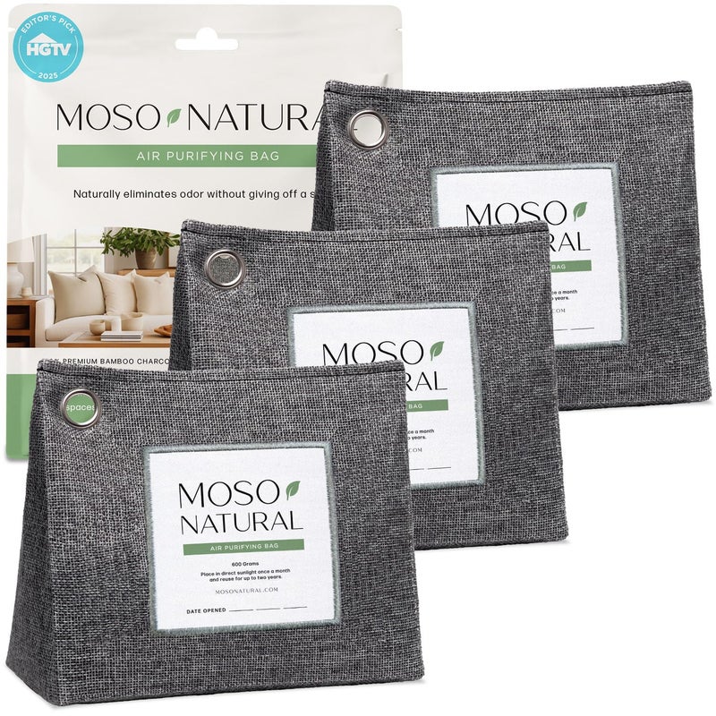 Moso Natural Air Purifying Bag 600g (3 Pack) Premium Bamboo Charcoal Odor Absorber | Pet Odor Eliminator for Home | Room Deodorizer for Large Spaces, Bedroom, Kitchen, Basement | Charcoal Bags - Image 1